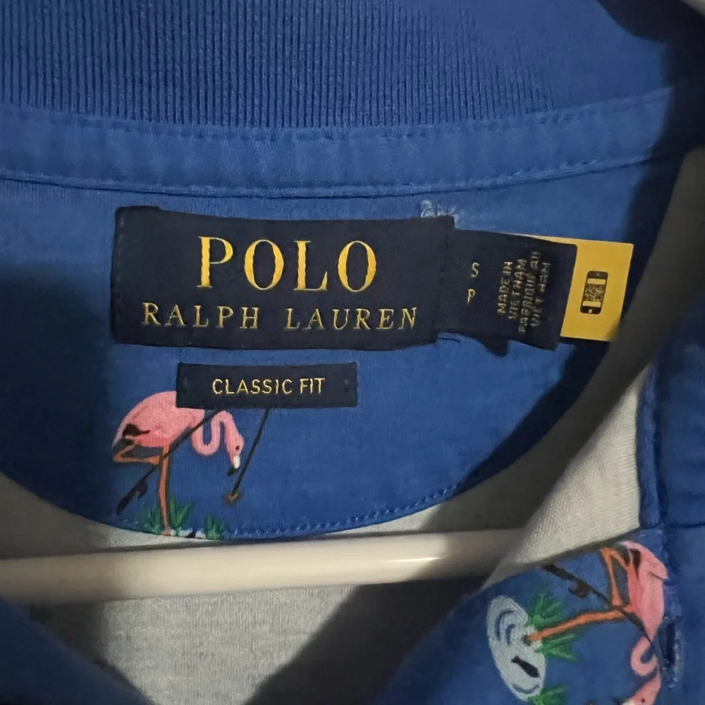 POLO‎ RALPH LAUREN Classic Flamingo Print Short Sleeve Polo Blue Pink Men's Sz S